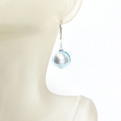 Murano Glass Aquamarine Disc Silver Earrings, Sterling Silver Leverback Earrings - JKC Murano