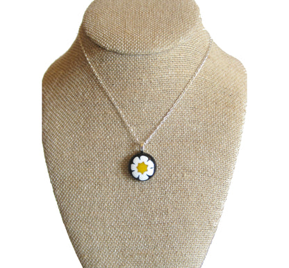Murano Glass Millefiori Black Daisy Pendant, Sterling Silver Chain - JKC Murano