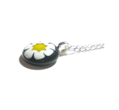 Murano Glass Millefiori Black Daisy Pendant, Sterling Silver Chain - JKC Murano