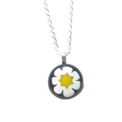Murano Glass Millefiori Black Daisy Pendant, Sterling Silver Chain - JKC Murano