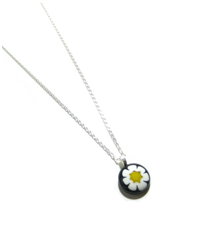 Murano Glass Millefiori Black Daisy Pendant, Sterling Silver Chain - JKC Murano