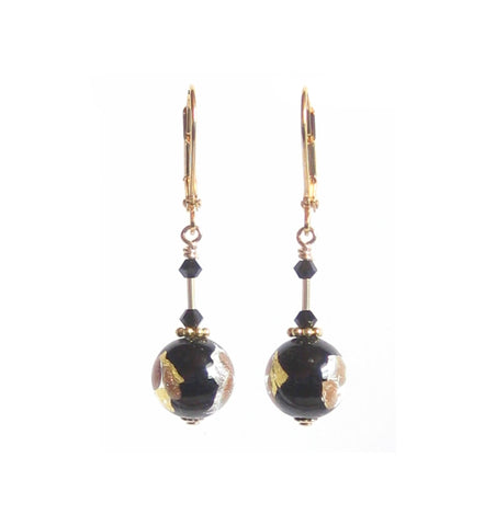 Venetian Glass Black Silver Gold Earrings, Italian Glass Jewelry - JKC Murano