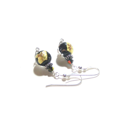 Murano Glass Black Copper Ball Disc Silver Earrings - JKC Murano