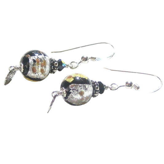 Murano Glass Black Copper Ball Disc Silver Earrings - JKC Murano