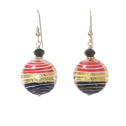 Murano Glass Red Black Disc Gold Earrings, Venetian Jewelry - JKC Murano
