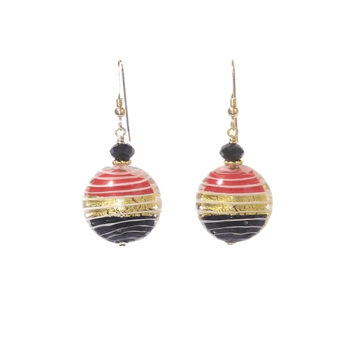 Murano Glass Red Black Disc Gold Earrings, Venetian Jewelry - JKC Murano