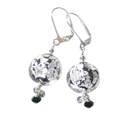 Murano Glass Black Disc Crystal Cluster Silver Earrings - JKC Murano