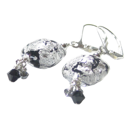 Murano Glass Black Disc Crystal Cluster Silver Earrings - JKC Murano