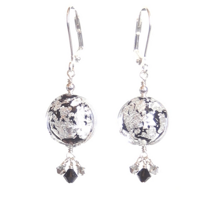 Murano Glass Black Disc Crystal Cluster Silver Earrings - JKC Murano