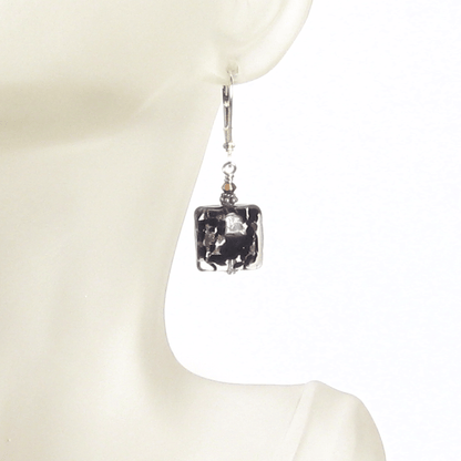 Murano Glass Black Copper Square Silver Earrings, Italian Jewelry - JKC Murano