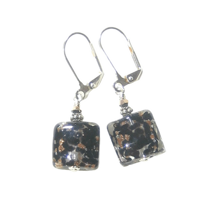 Murano Glass Black Copper Square Silver Earrings, Italian Jewelry - JKC Murano