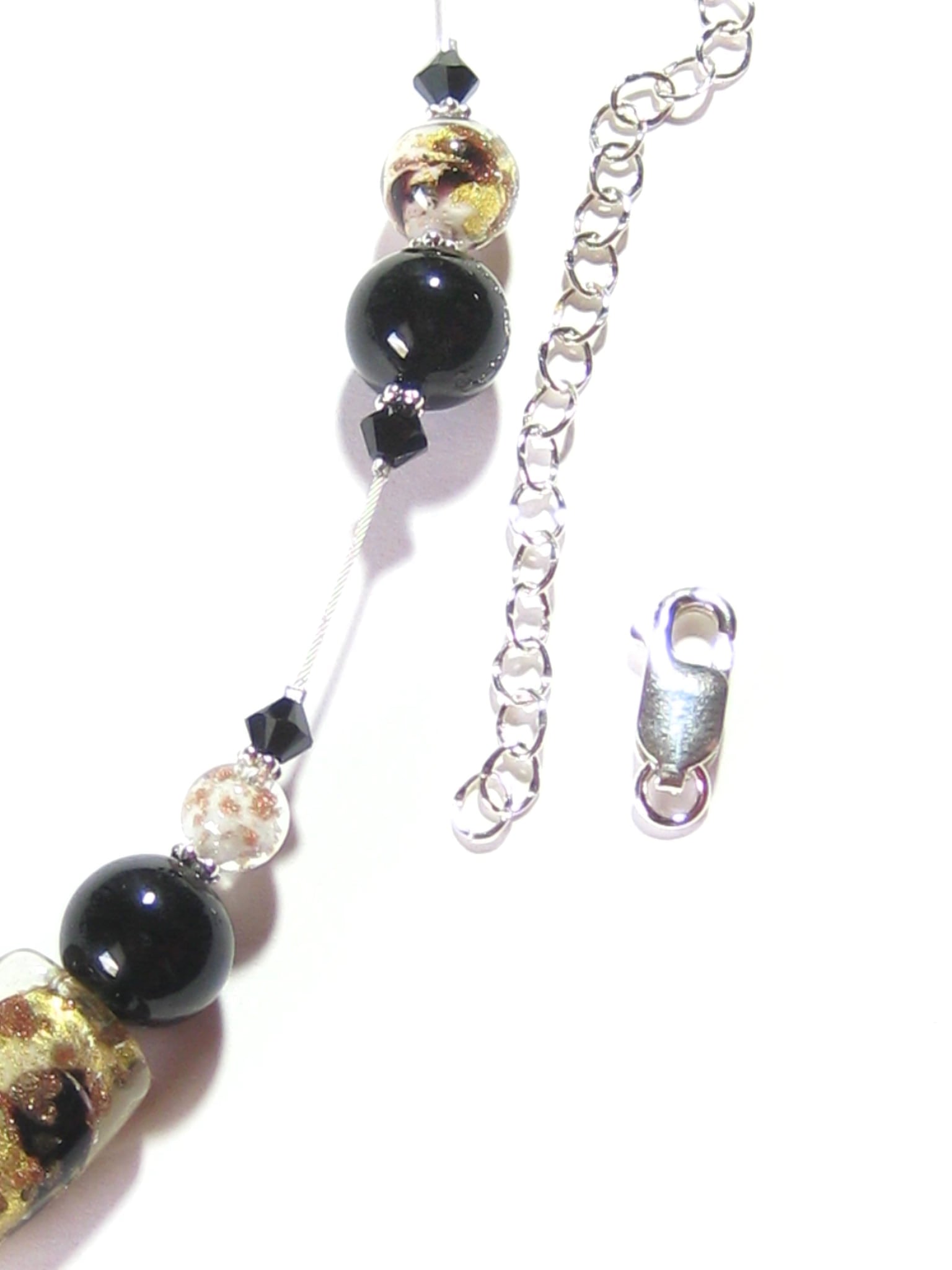 Murano Glass Black White Curved Tube Sterling Silver Necklace - JKC Murano