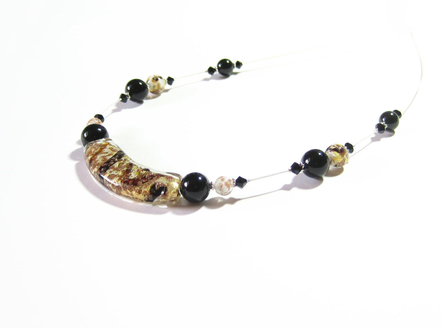 Murano Glass Black White Curved Tube Sterling Silver Necklace - JKC Murano