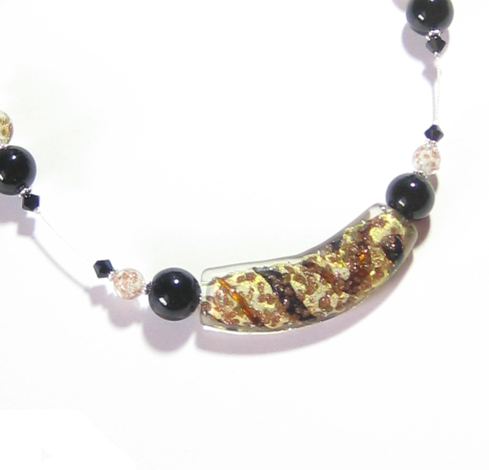 Murano Glass Black White Curved Tube Sterling Silver Necklace - JKC Murano