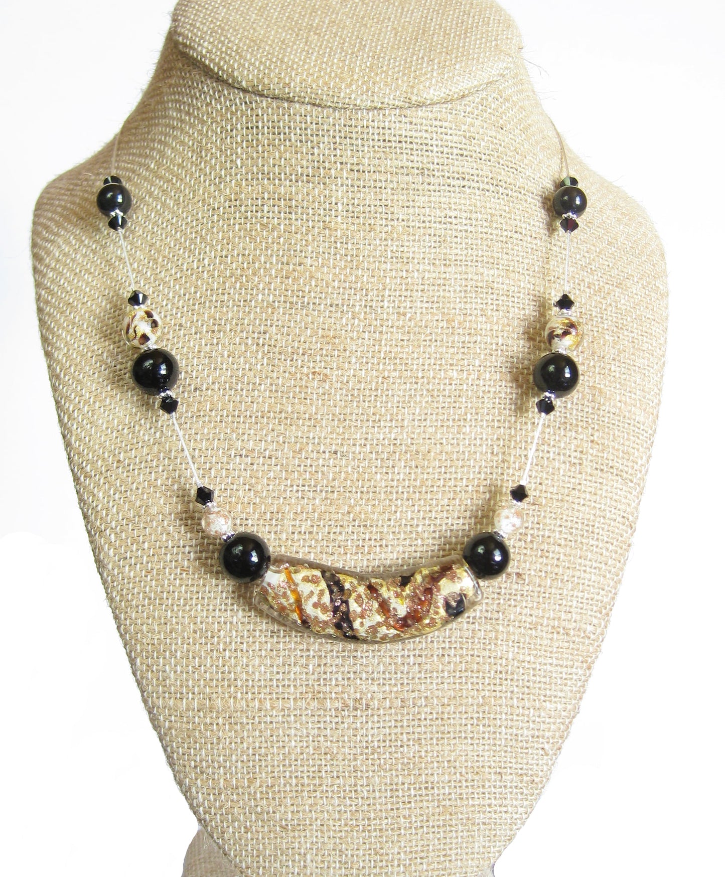 Murano Glass Black White Curved Tube Sterling Silver Necklace - JKC Murano