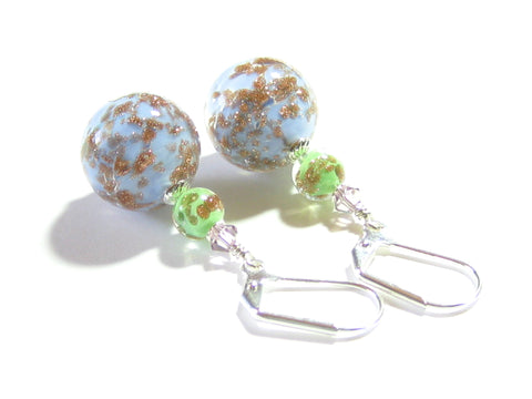 Murano Glass Blue Green Ball Silver Earrings, leverbacks - JKC Murano