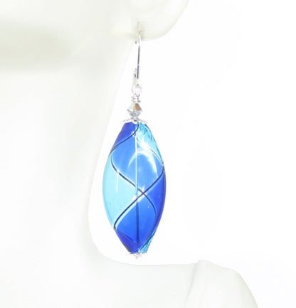 Murano Blown Glass Bicolor Cobalt Blue Aqua Long Argyle Earrings - JKC Murano