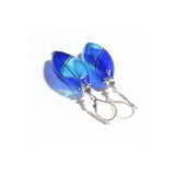 Murano Blown Glass Bicolor Cobalt Blue Aqua Long Argyle Earrings - JKC Murano