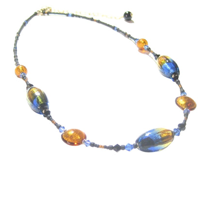 Murano Glass Blue Topaz Oval Bead Gold Necklace by JKC Murano - JKC Murano