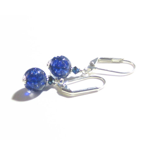 Venetian Glass Cobalt Blue Small Ball Silver Earrings, Murano Glass Handmade Jewelry - JKC Murano
