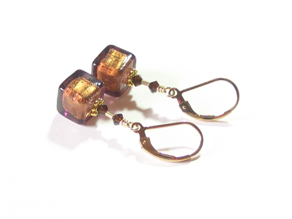 Murano Glass Brown Cube Gold Earrings, Fishhook Earrings - JKC Murano