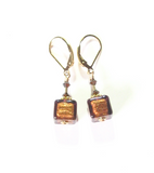 Murano Glass Brown Cube Gold Earrings, Fishhook Earrings - JKC Murano