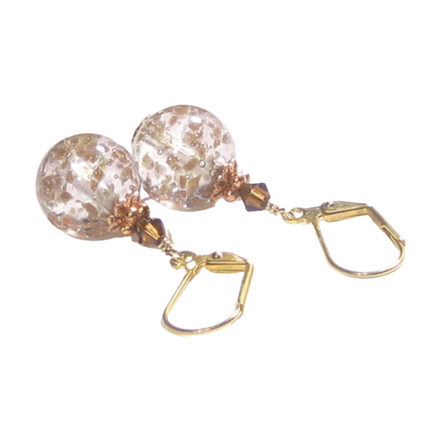 Venetian Glass Clear Copper Ball Gold Earrings - JKC Murano