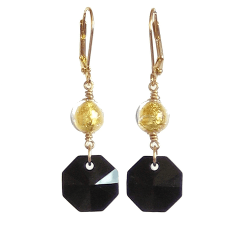 Murano Glass Black Swarovski Drop Gold Earrings - JKC Murano