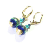 Murano Glass Aqua Cobalt Ball Gold Earrings, Leverback Earrings - JKC Murano