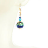 Murano Glass Aqua Cobalt Ball Gold Earrings, Leverback Earrings - JKC Murano