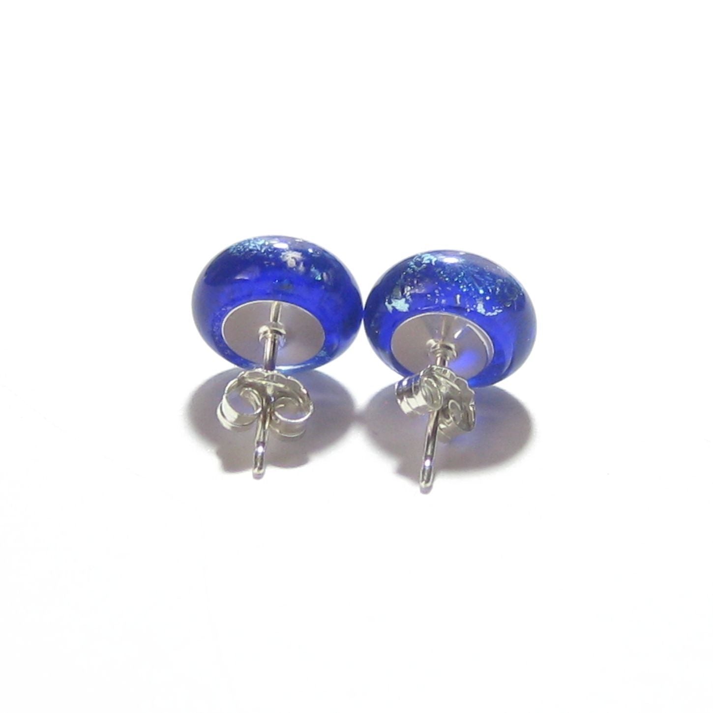 Murano Glass Cobalt Blue Silver Dichroic Button Earrings, 10mm, Stud Earrings - JKC Murano