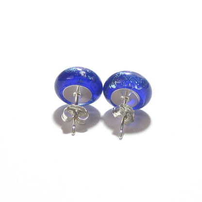 Murano Glass Cobalt Blue Silver Dichroic Button Earrings, 10mm, Stud Earrings - JKC Murano