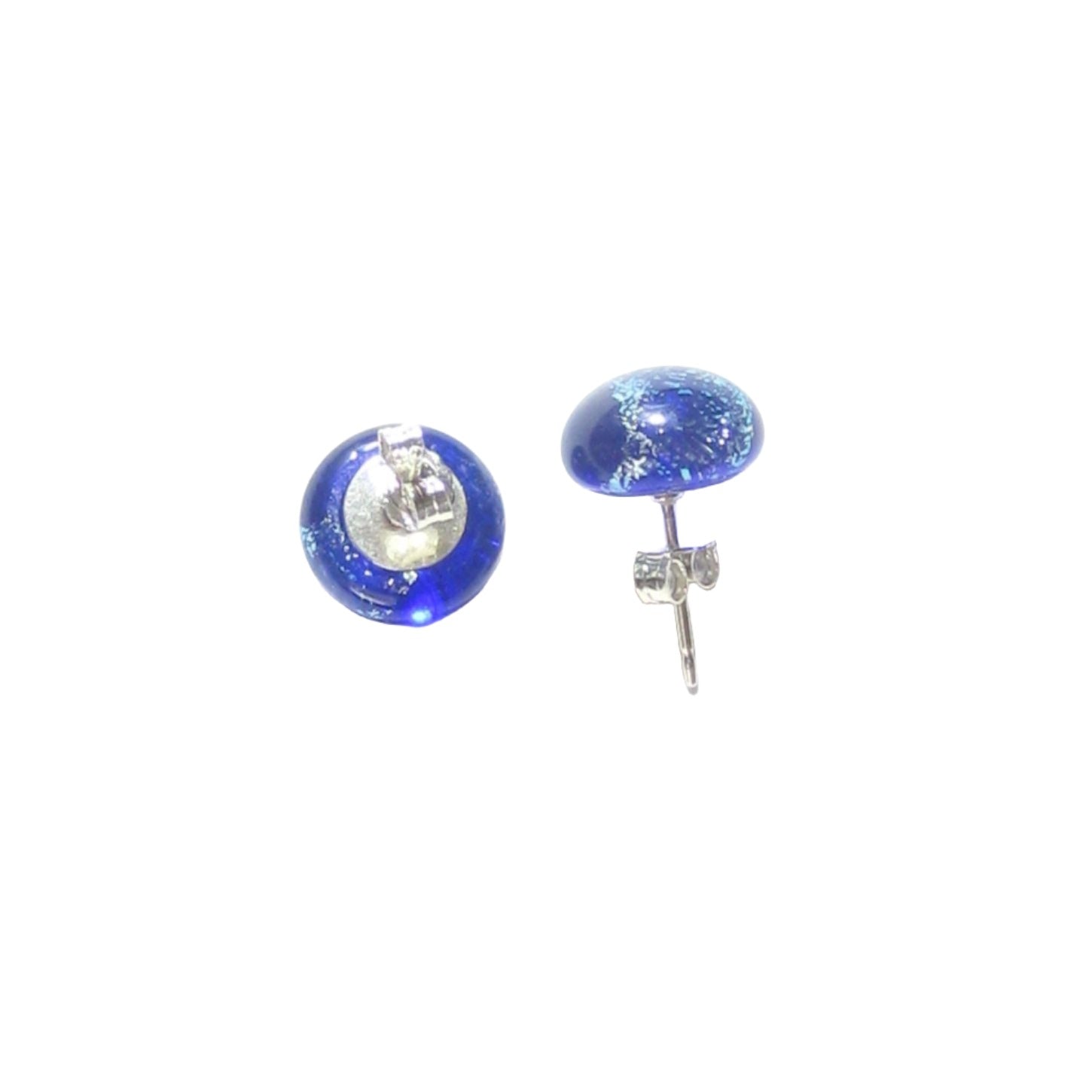 Murano Glass Cobalt Blue Silver Dichroic Button Earrings, 10mm, Stud Earrings - JKC Murano