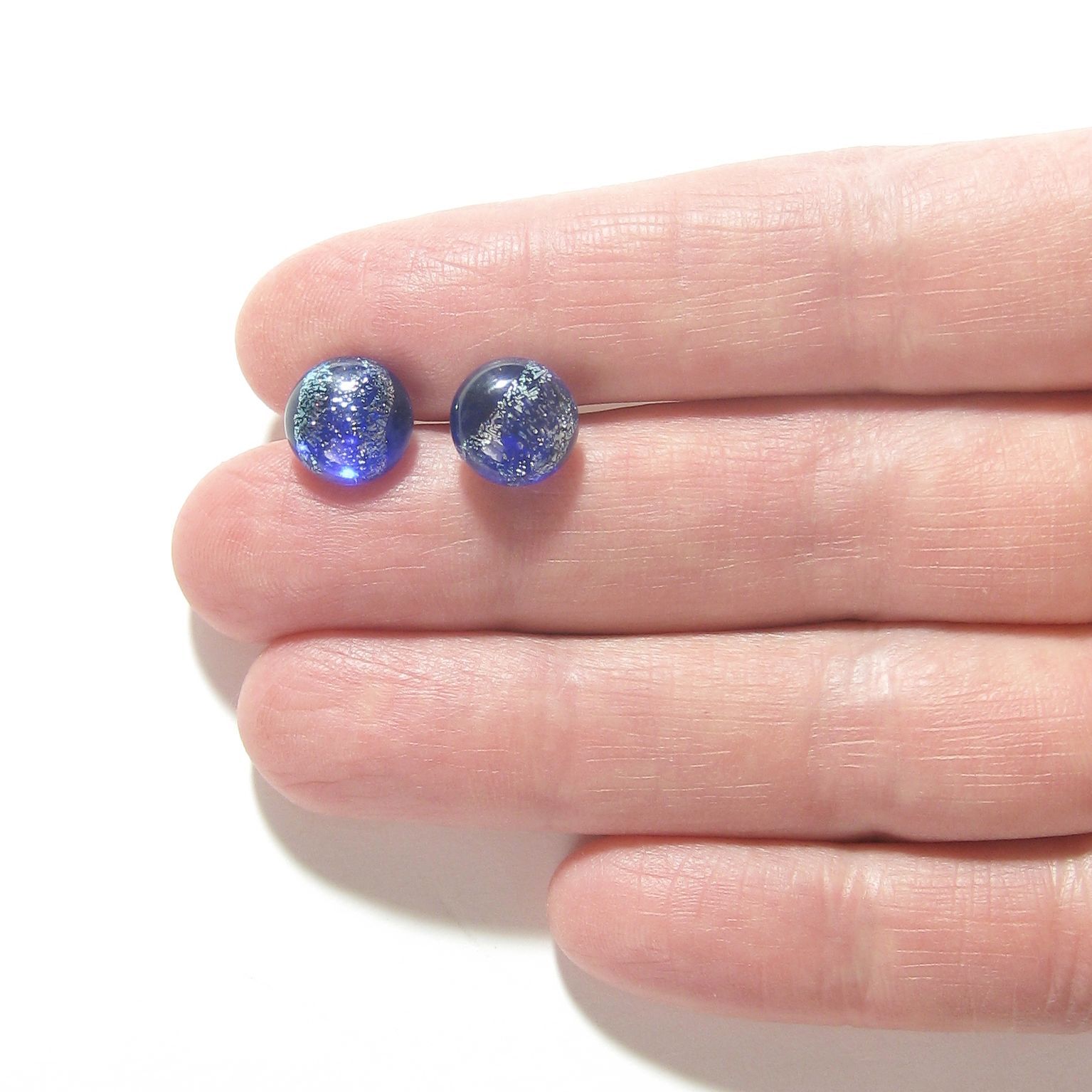 Murano Glass Cobalt Blue Silver Dichroic Button Earrings, 10mm, Stud Earrings - JKC Murano