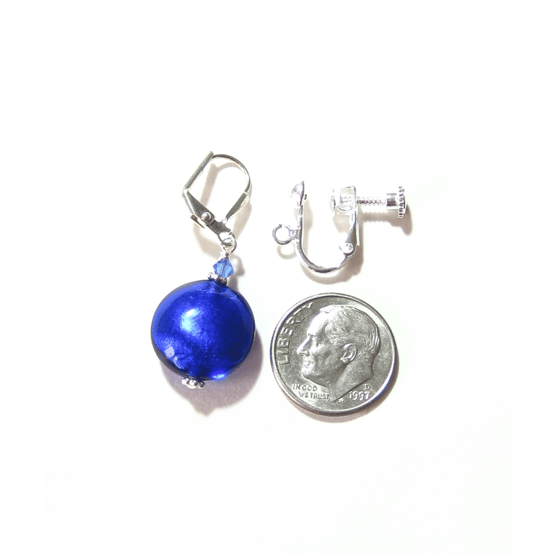 Murano Glass Cobalt Blue Disc Sterling Silver Earrings - JKC Murano