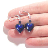 Cobalt Blue Murano Glass Heart Sterling Silver Earrings, Venetian Jewelry - JKC Murano