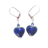 Cobalt Blue Murano Glass Heart Sterling Silver Earrings, Venetian Jewelry - JKC Murano