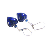 Cobalt Blue Murano Glass Heart Sterling Silver Earrings, Venetian Jewelry - JKC Murano