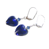 Cobalt Blue Murano Glass Heart Sterling Silver Earrings, Venetian Jewelry - JKC Murano