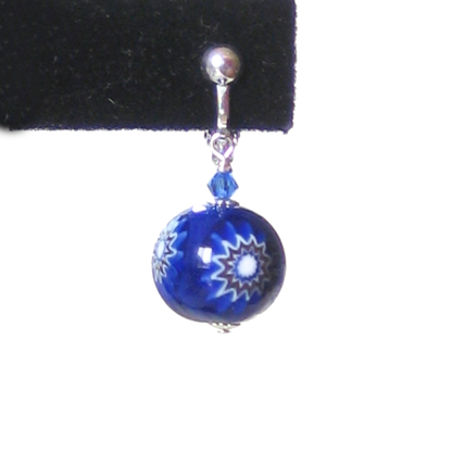 Venetian Glass Cobalt Blue Millefiori Ball Silver Earrings, Clip On Earrings - JKC Murano