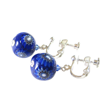 Venetian Glass Cobalt Blue Millefiori Ball Silver Earrings, Clip On Earrings - JKC Murano
