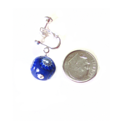 Venetian Glass Cobalt Blue Millefiori Ball Silver Earrings, Clip On Earrings - JKC Murano