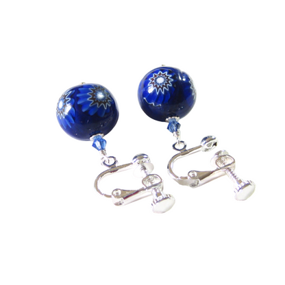 Venetian Glass Cobalt Blue Millefiori Ball Silver Earrings, Clip On Earrings - JKC Murano