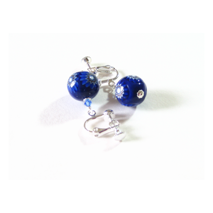 Venetian Glass Cobalt Blue Millefiori Ball Silver Earrings, Clip On Earrings - JKC Murano