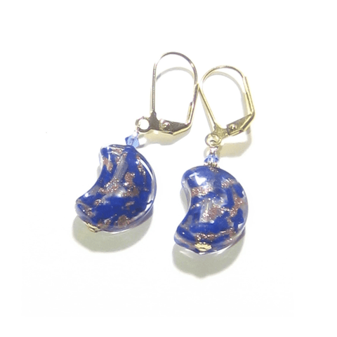 Venetian Glass Blue Copper Moon Gold Earrings By JKC Murano - JKC Murano