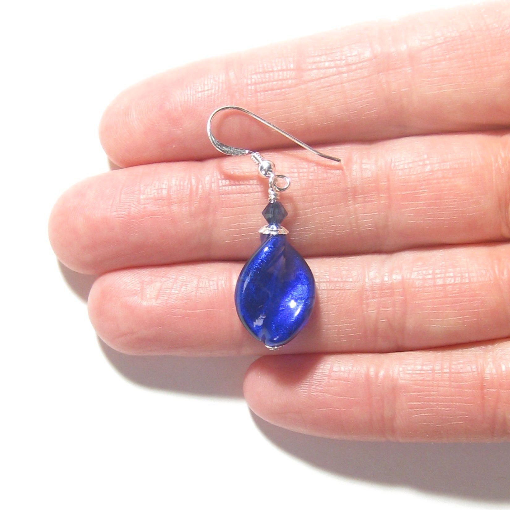 Murano Glass Cobalt Blue 20mm Twist Sterling Silver Earrings - JKC Murano