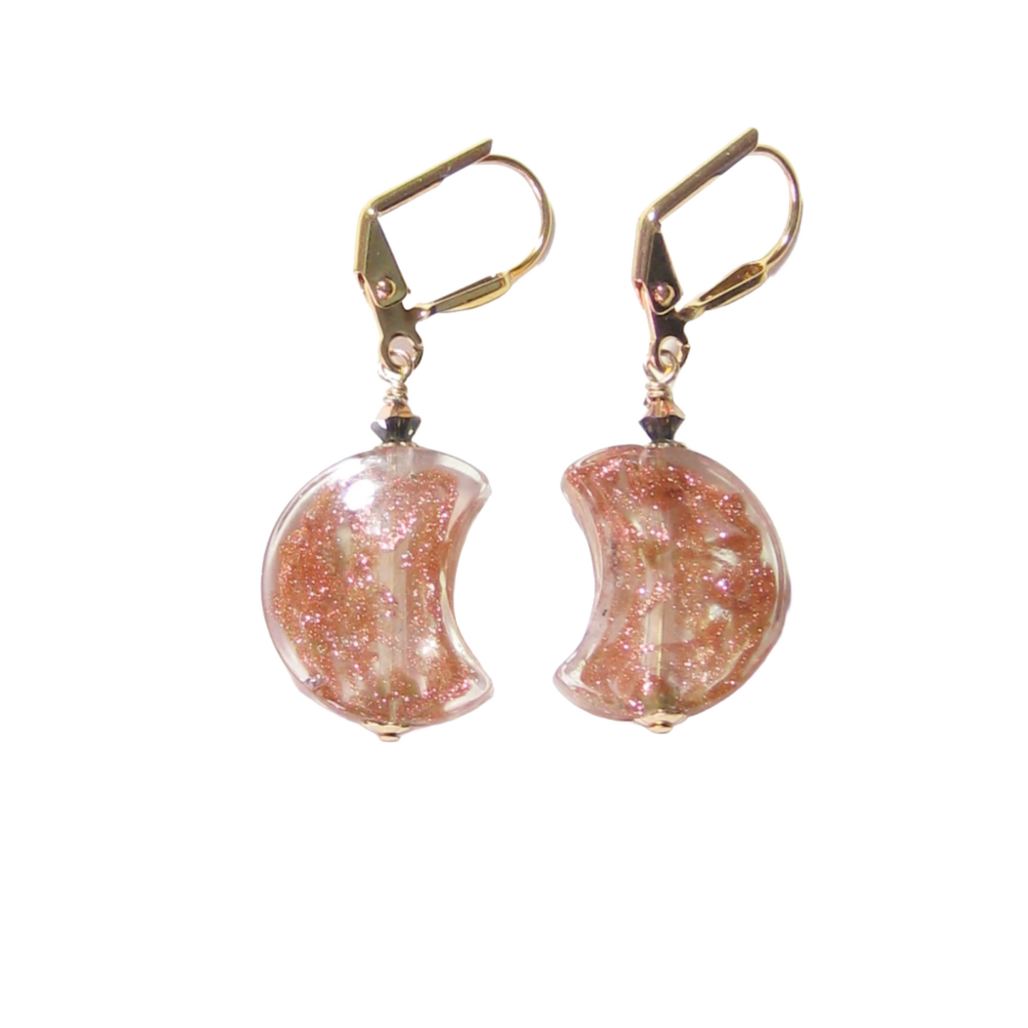 Venetian Glass Copper Moon Gold Earrings, Italian Jewelry - JKC Murano