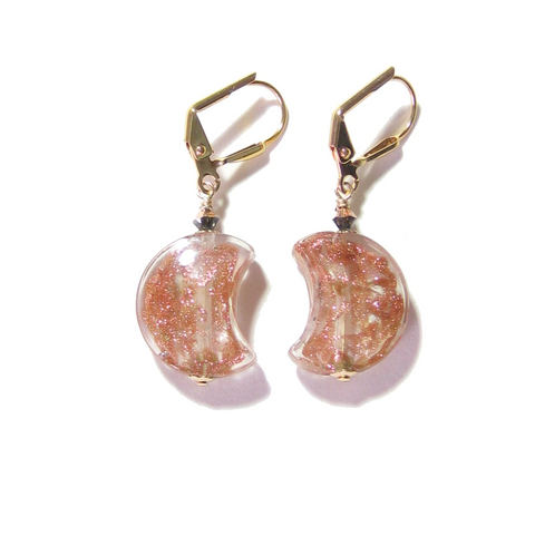 Venetian Glass Copper Moon Gold Earrings, Italian Jewelry - JKC Murano