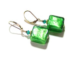 Venetian Glass Emerald Square Gold Earrings, Gold Filled Leverbacks - JKC Murano