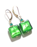 Venetian Glass Emerald Square Gold Earrings, Gold Filled Leverbacks - JKC Murano